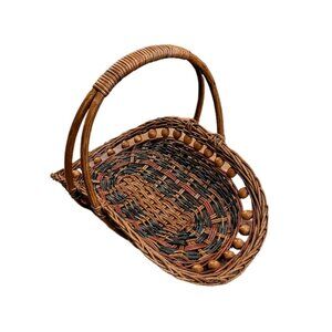 VTG Wicker Foraging Gathering Basket Wooden Beads Reinforced Bottom